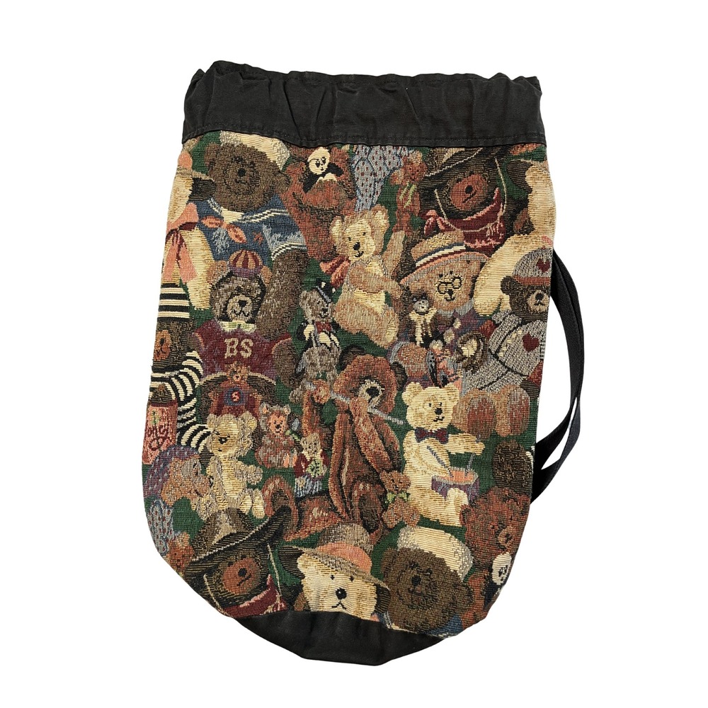 Vintage 90s Teddy Bear Tapestry Bag Round Drawstring Backpack Kidcore Cottage